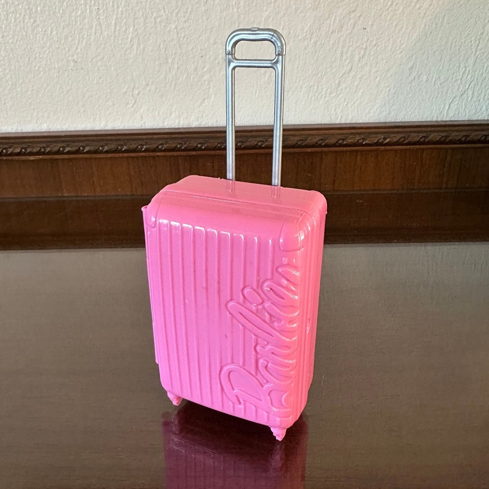 Mattel Barbie Pink Rolling Suitcase Doll Accessory Silver Telescoping Handle